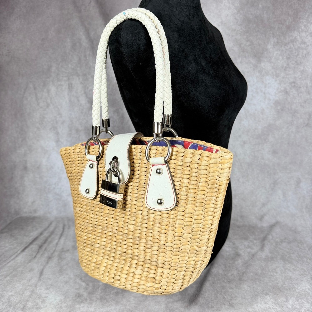 Vtg GUESS Straw Woven Tote Bag Purse Tropical Print Leather Ostrich Trim Padlock